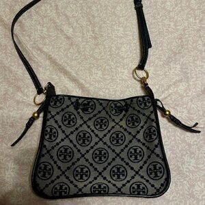 Black Tory Burch T Monogram Jacquard Drawstring Shoulder Bag